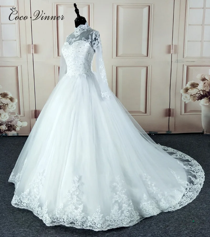 High Neck Vestido De Noiva IIIusion Back Long Sleeve Wedding Dress 2021 Custom made Lace Applique Ball Gown W0019 | Свадьбы и