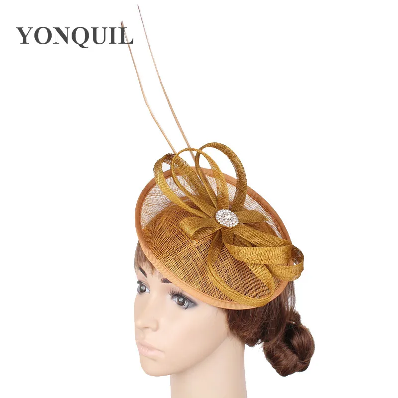 

Multiple Color Sinamay Fascinator Hat With Ostrich Quill Adorned Millinery Party Hairclips Cocktail Wedding Hair Accessories