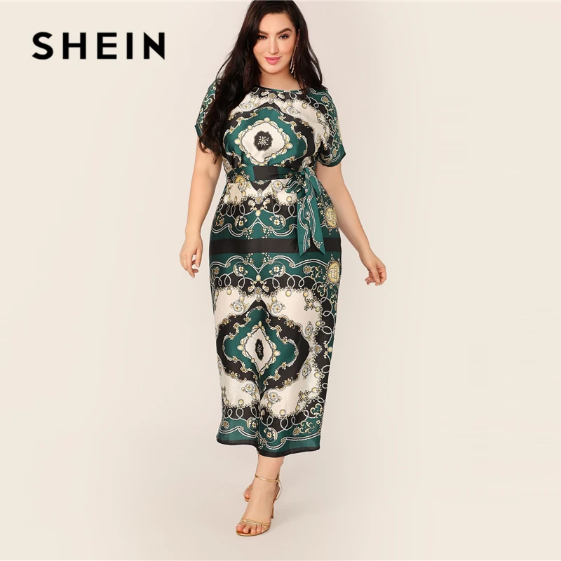 SHEIN, платье трапециевидной формы с зеленым шарфом размера плюс,, женское летнее стильное длинное платье макси с высокой талией