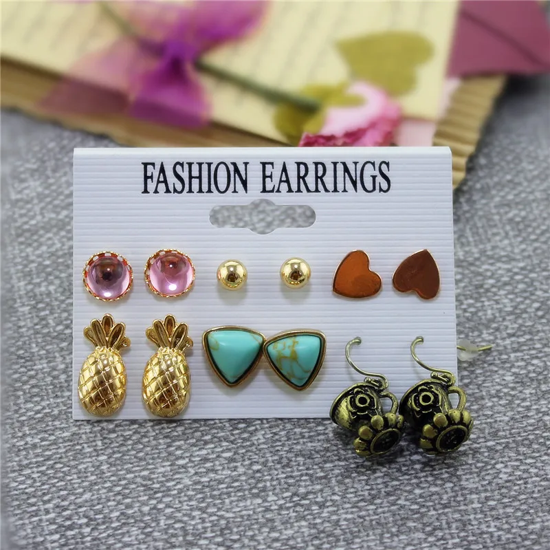 ENZE new fashion 6 pairs / set of earrings mixed heart-shaped plant retro pendant hundred matching accessories wholesale | Украшения и