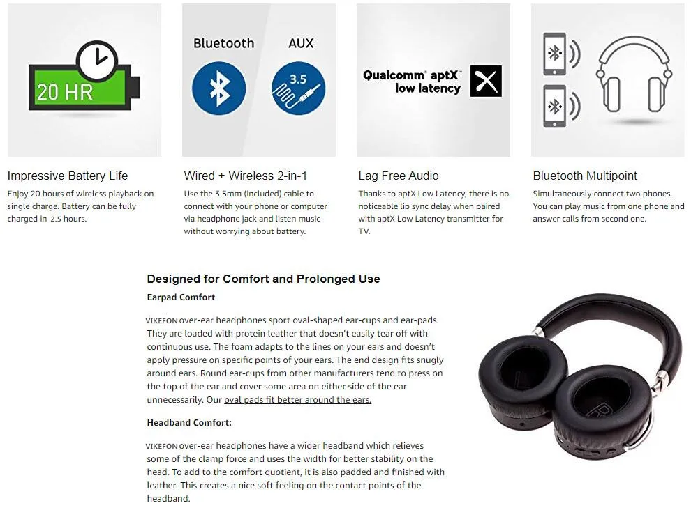 VIKEFON Updated Bluetooth 5.0 Earphones Active Noise Cancelling Headphones Aptx Low Latency Deep Bass Foldable Wireless Headset
