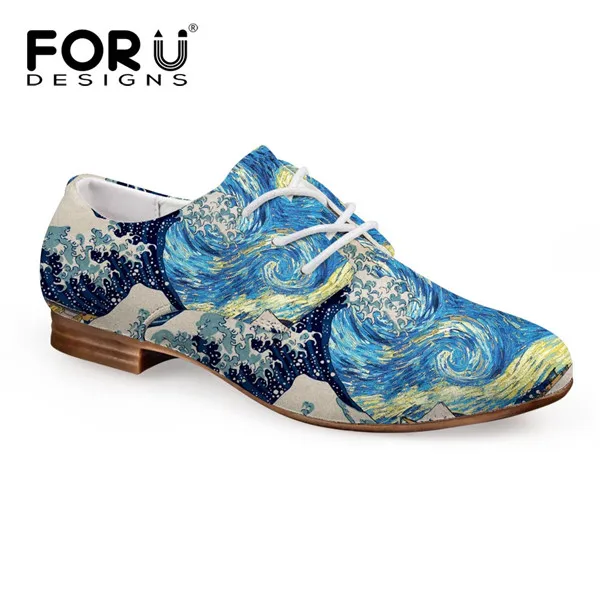 FORUDESIGNS/ г. Осенние женские туфли-оксфорды кожаные ботинки кэжуал на шнуровке с 3D рисунком для женщин, Студенческая обувь на плоской подошве, женская обувь - Цвет: H995CD