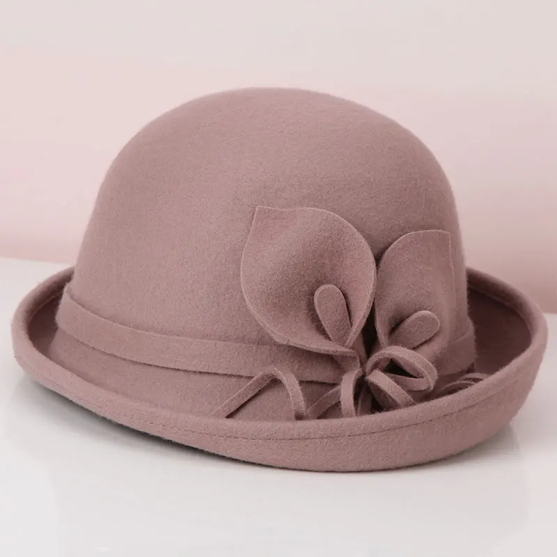 Lady Fedoras Hat Female Woolen Dome Cap Autumn and Winter English Elegant Wool Basin Hats Flower Leisure Joker Hat Adjust B8962