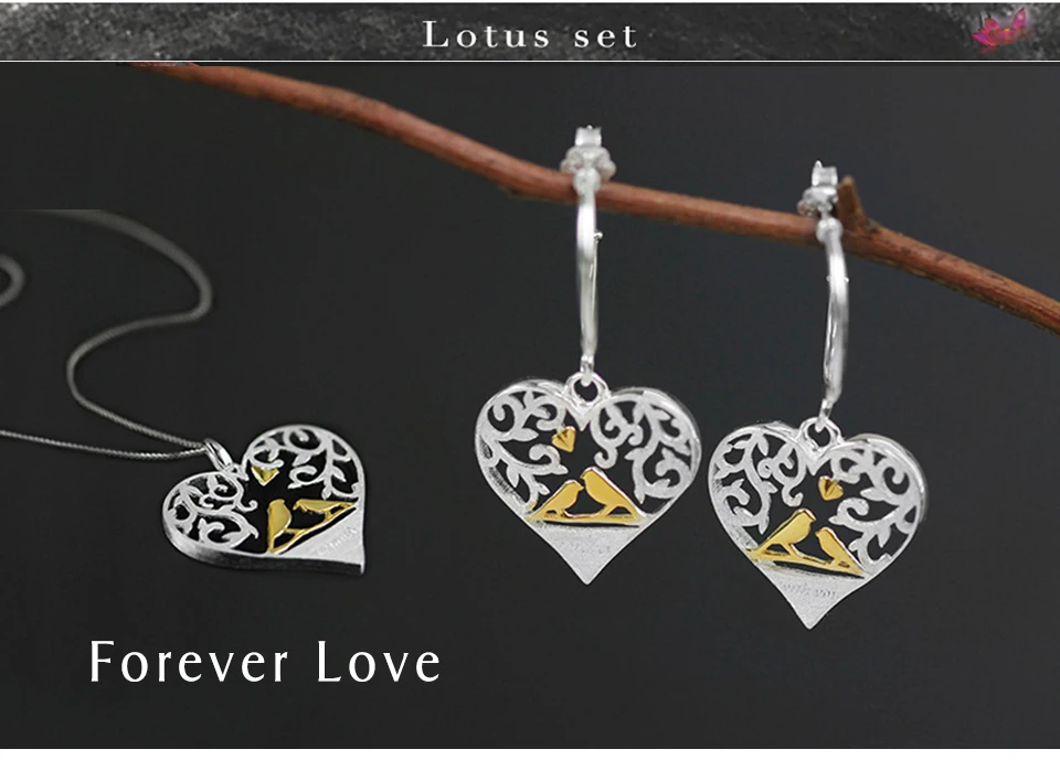Lotus Fun реальные 925 серебро творческий ручной Ювелирные украшения лес птица в сердце любовь Форма комплект ювелирных изделий