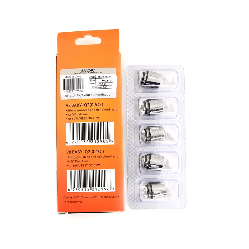 100% SMOK V8 маленьких Q2 двухъядерный 0.4ohm/0.6ohm Baby сменная катушка для 3 мл TFV8 большой