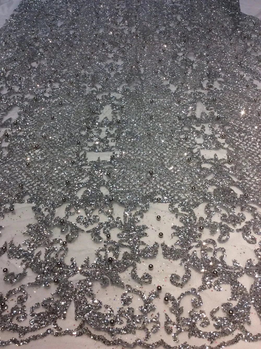 

ap304 # 5 yards silver pearls mesh romantic hand print glued glitter net tulle mesh sugar lace fabric for sawing dress