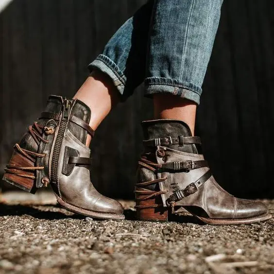 2019 Rivet Leather Ladies Ankle Boots Winter Round Toe Short Plush Zip Buckle Western Wedge Motorcycle Punk | Обувь