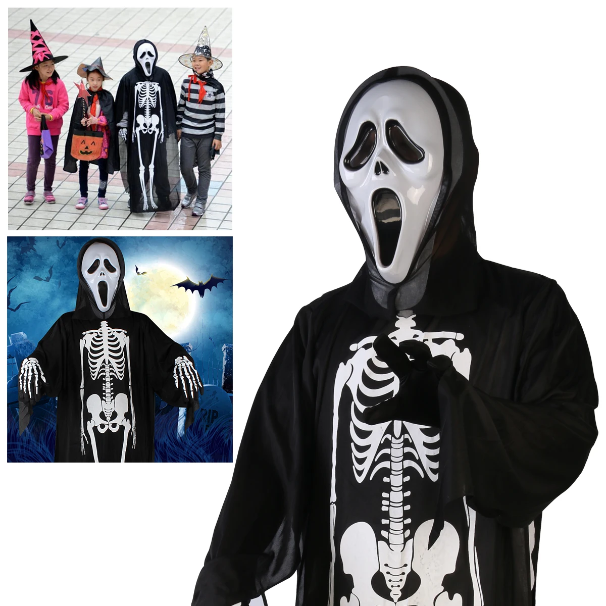 FENICAL Halloween Skull Skeleton Ghost Clothes& Screaming Ghost Mask Masquerade Costume Cosplay Props Set for Adults Black A20