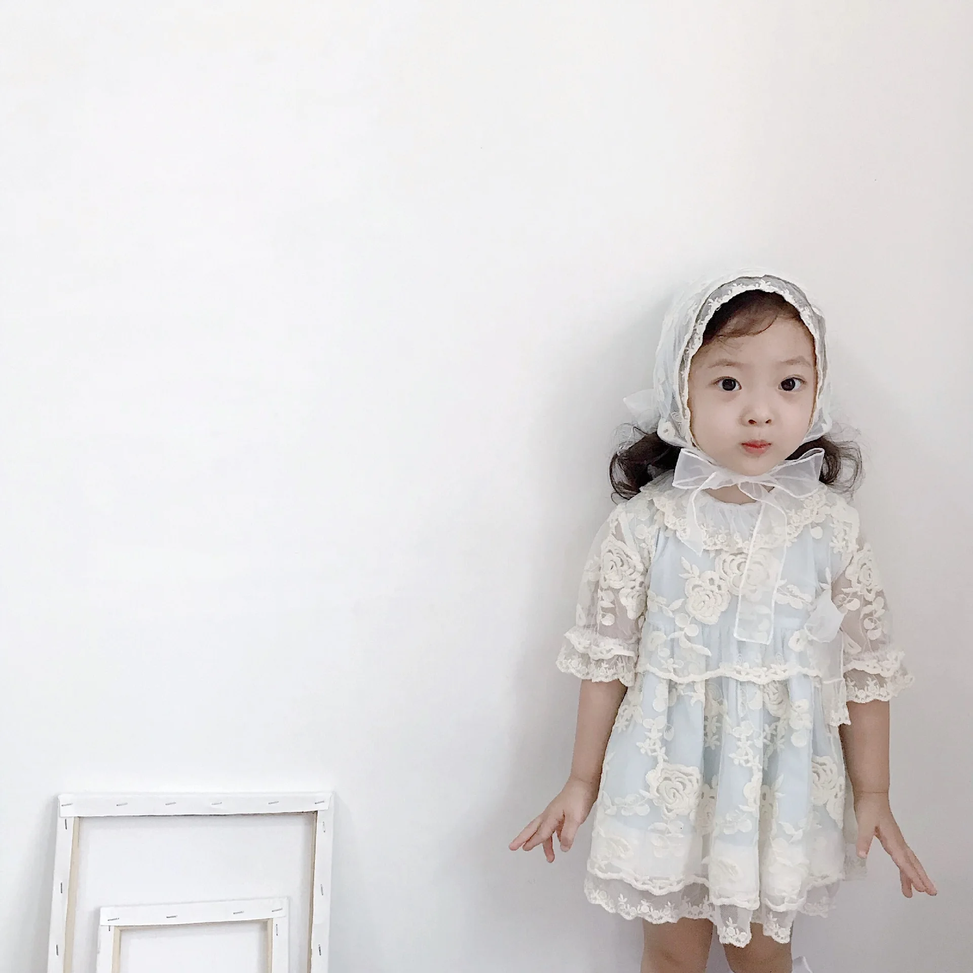 Летнее Голубое Кружевное платье принцессы с вышивкой для девочек винтажное