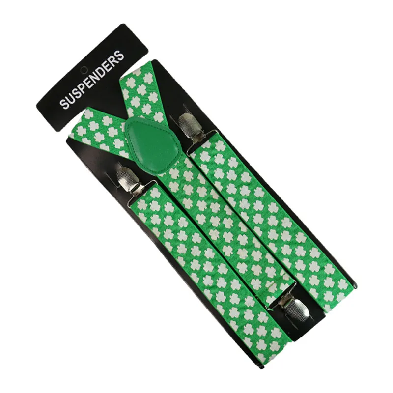 3.5cm Wide Fashion Green White Four Leaf Clover Print Men Women Clip-on Suspenders Elastic Y-Shape Adjustable male Ladies Braces |