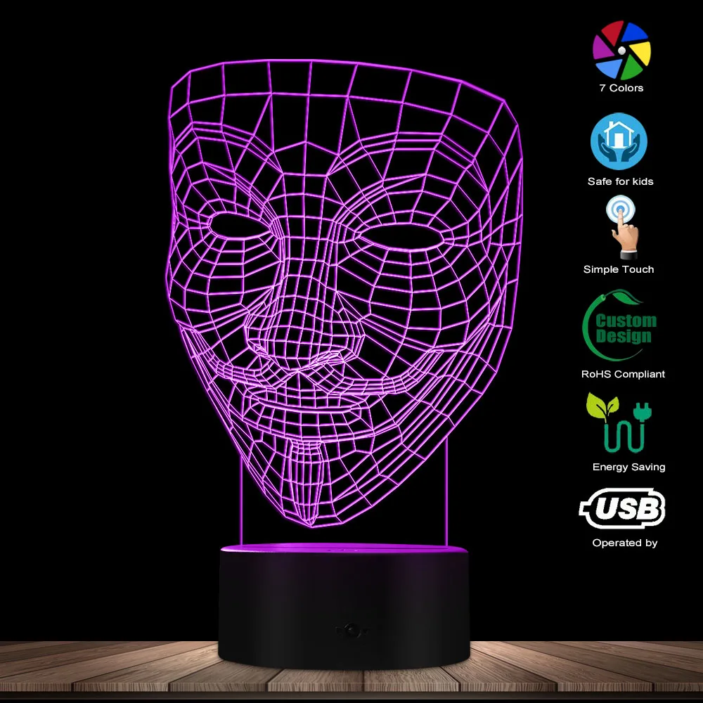 V для вендетты 3D оптический иллюзионный ночной Светильник Disobey Anonymous Guy Fawkes маска вечерние декоративный светильник светящийся светодиодный Настольный светильник