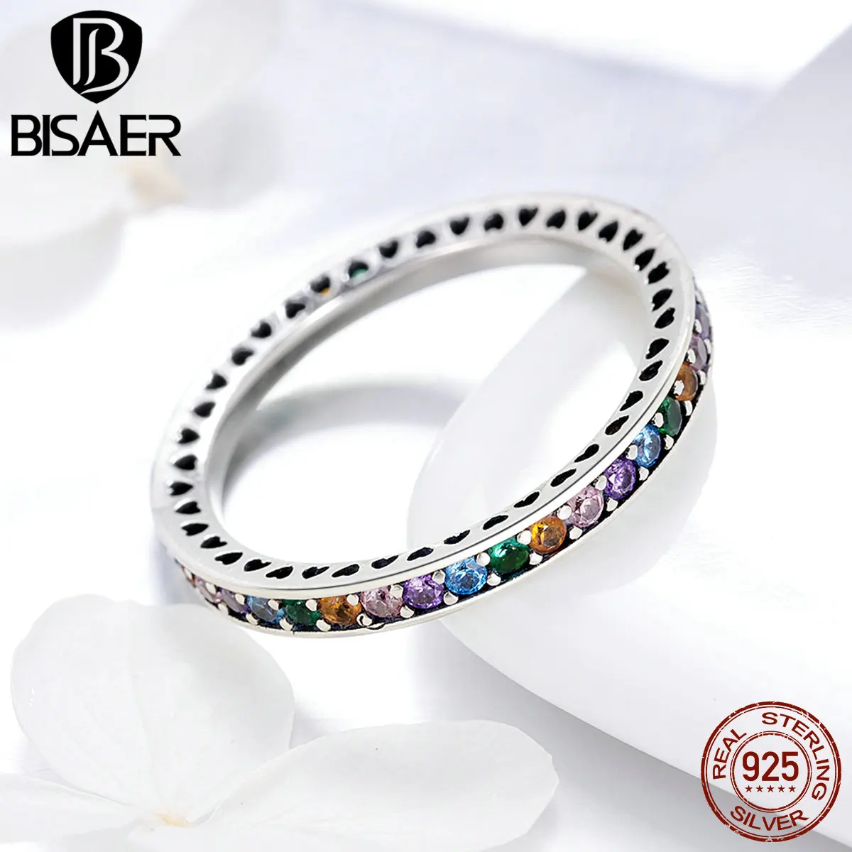 BISAER, 925 пробы, серебряное кольцо, круглый цвет, CZ, кольца на палец для женщин, обручальное кольцо, свадебные подлинные серебряные ювелирные изделия ECR392