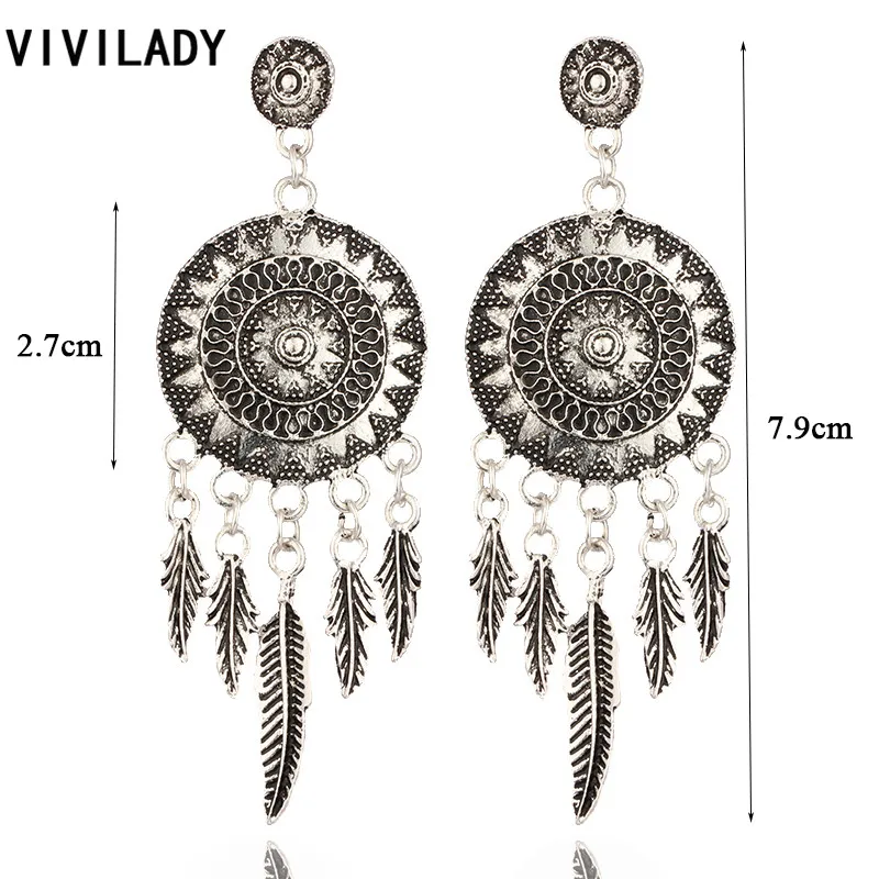Vivilady Модный Boho Ретро серебристого цвета с длинной бахромой перо листьев солнце