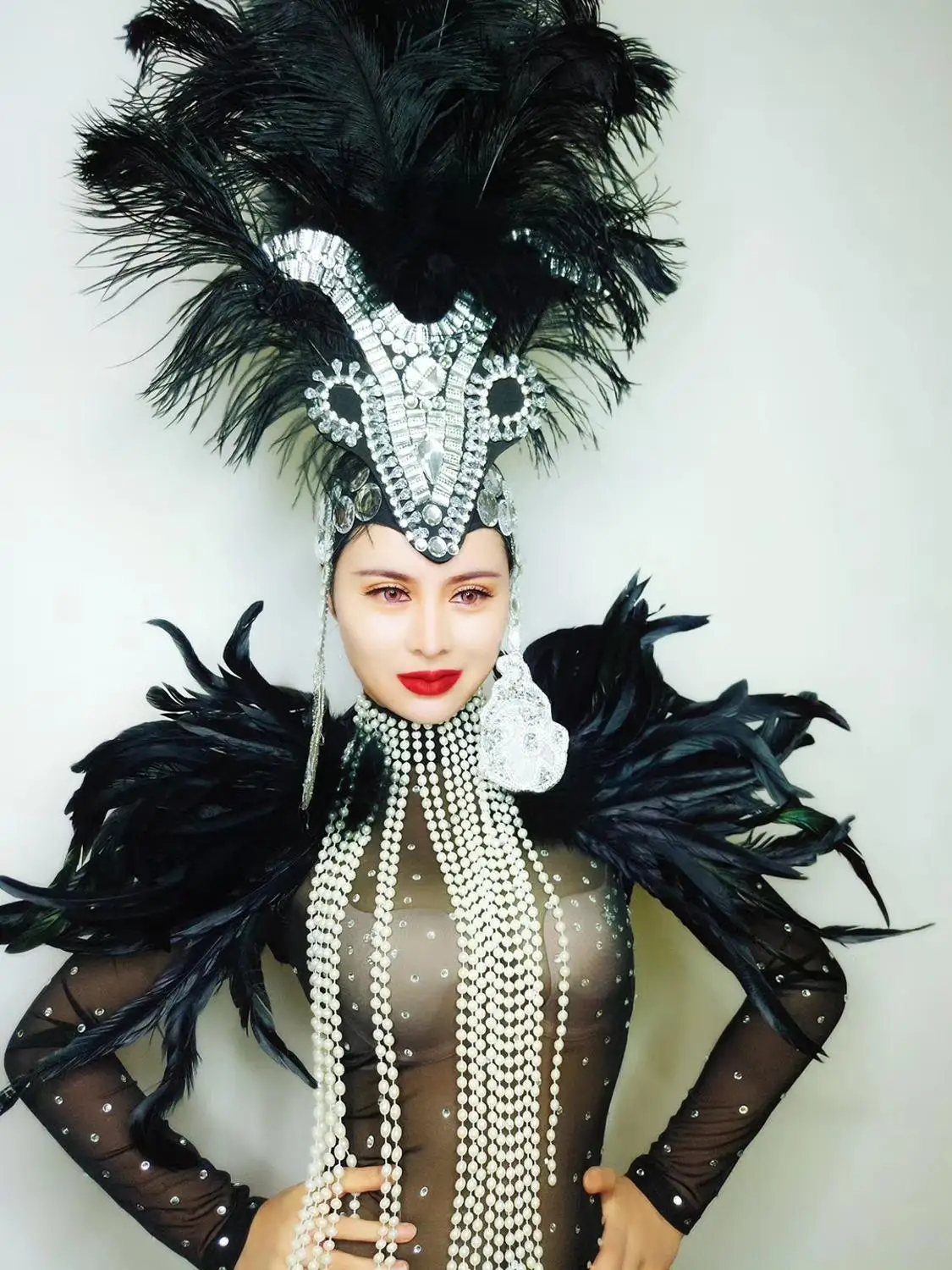 

Female Crystals Mesh See Through Jumpsuit Black Feathers Rhinestones Headdress Nightclub DJ Singer Models Catwalk Stage Costume