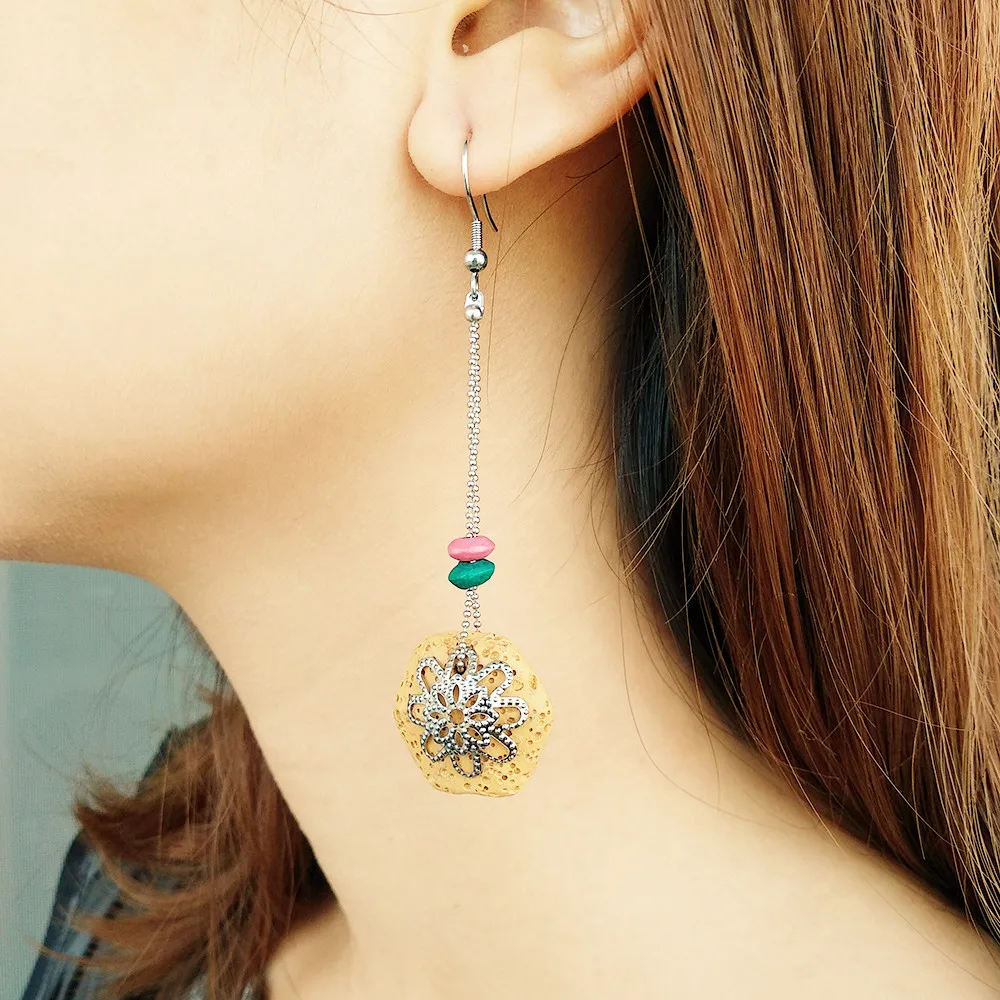 Женские винтажные серьги подвески ручной работы длинные висячие из лавового