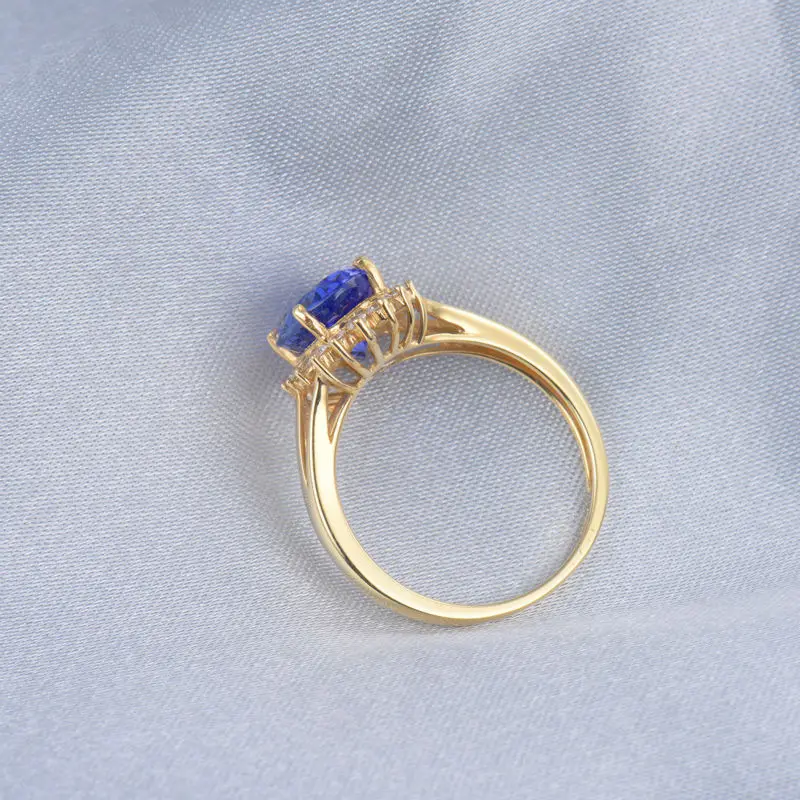 LOVERJEWELRY Винтаж овал 9x7 мм сплошной 14Kt желтого золота с бриллиантами Танзанит
