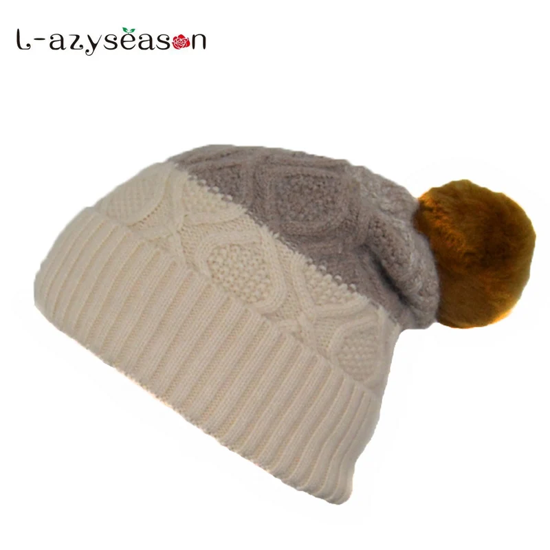 Новая зимняя женская шапка теплая вязаная skullies Лыжная с помпонами из кроличьего