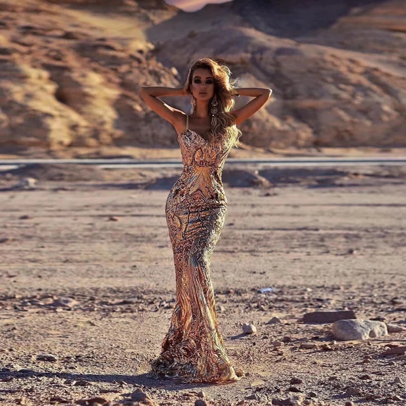 

Женское вечернее платье на бретелях-спагетти, облегающее Платье макси с золотыми блестками и глубоким V-образным вырезом, лето 2019