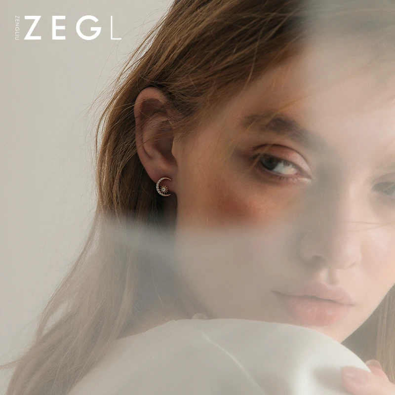 Женские 925 пробы Серьги ZEGL асимметричные серьги в форме звезды Луны