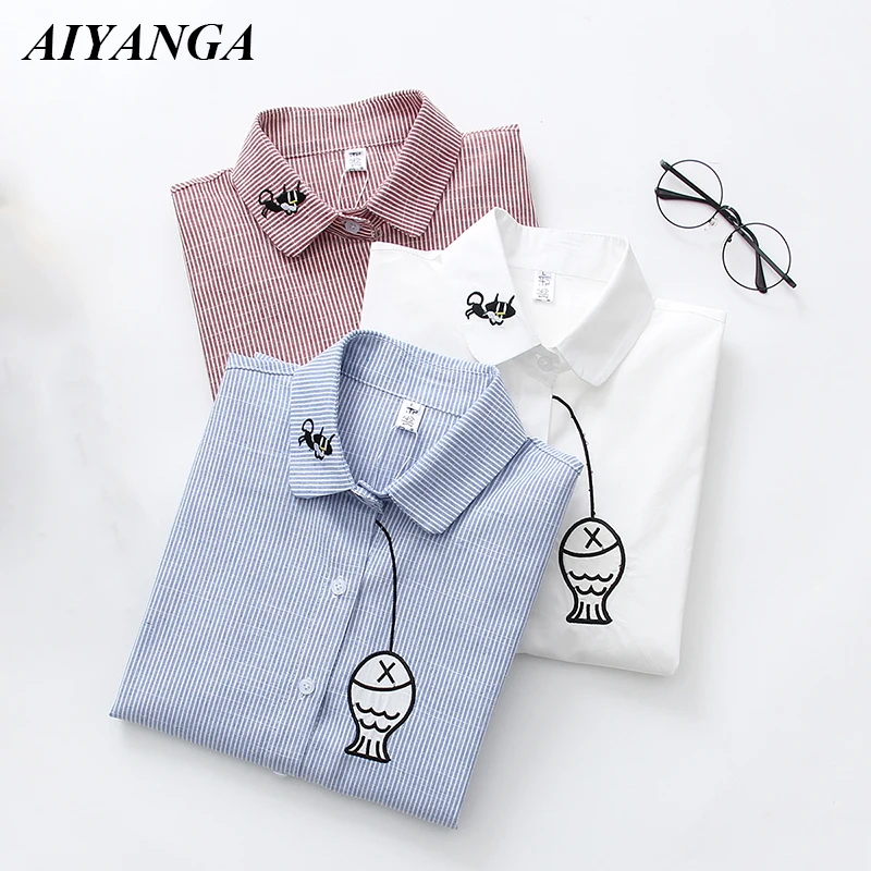 Cartoon Embroidery Cotton Shirts Women Long Sleeve Blouses 2019 Stripe Shirt Preppy Style Womens Tops Blusas Feminine Blouse