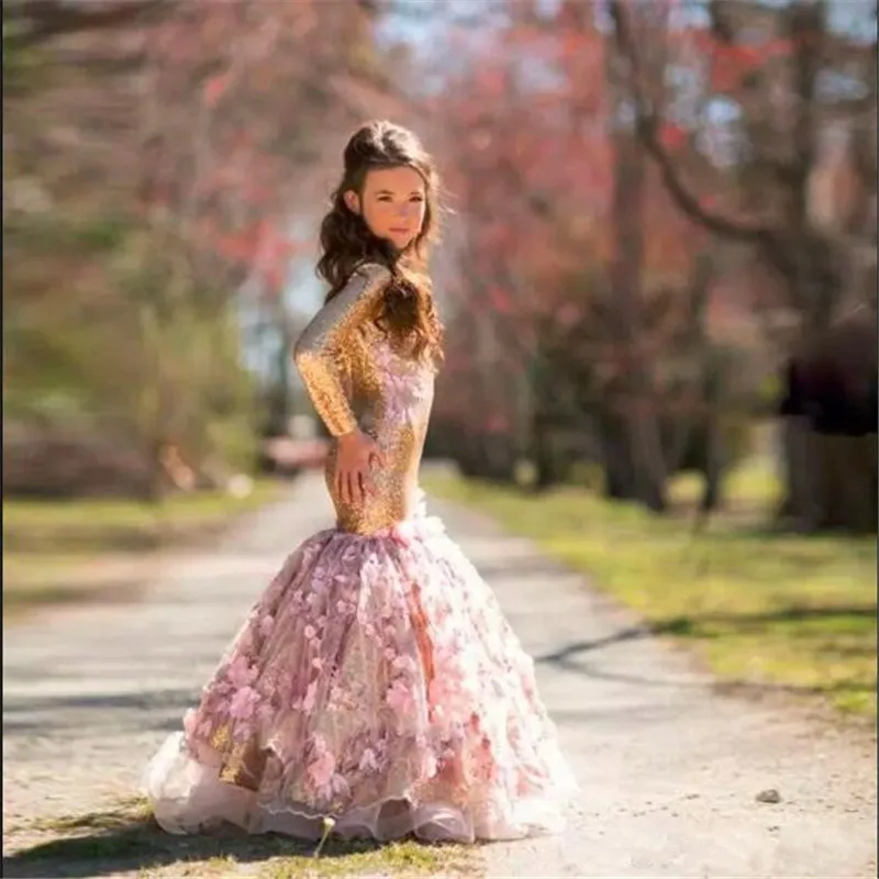 

Luxury Girl's Pageant Gowns With Shiny Sequins 3D Floral Appliques Mermaid Flower Girl Dress for Special Occasion Custom Made