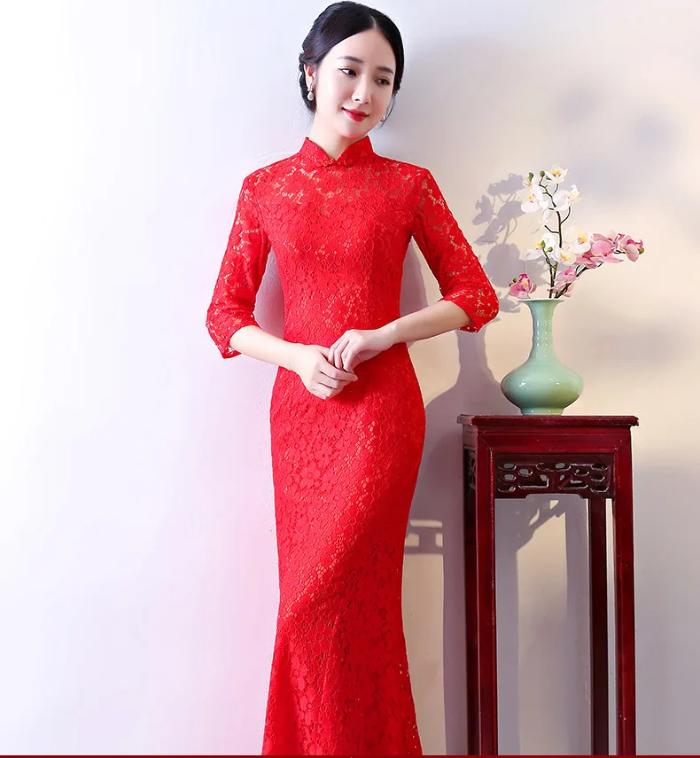 Красное свадебное платье Ципао для невесты традиционное китайское вечернее