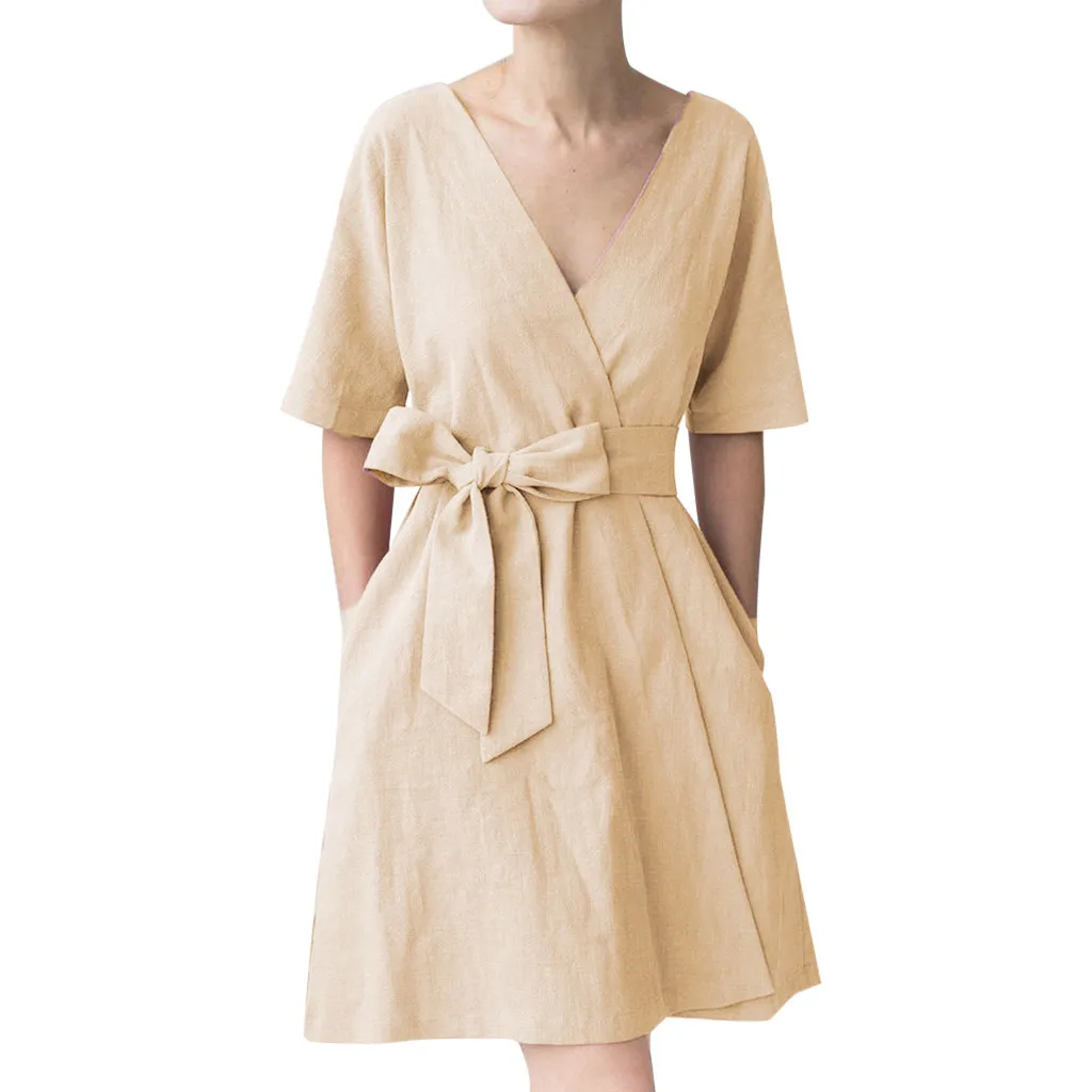 JAYCOSIN Women's Fashion Summer Classic Dresses With Sashes Short Sleeve V Neck Mini Pockets Vestidos dropshipping | Женская одежда