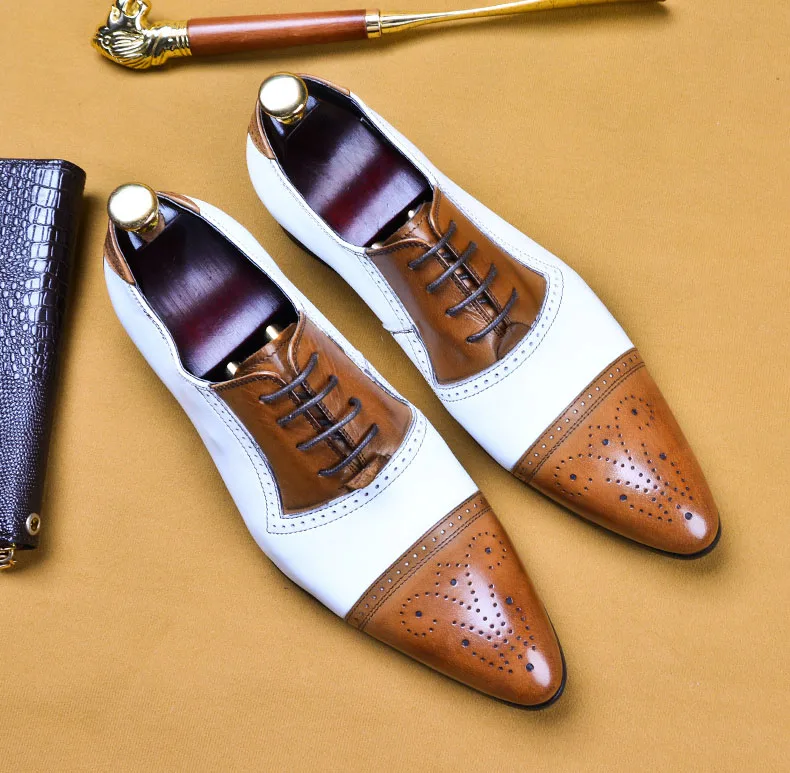 QYFCIOUFU/двухцветные Мужские модельные туфли-оксфорды из натуральной кожи; мужские туфли на шнуровке; свадебные офисные туфли с перфорацией типа «броги»