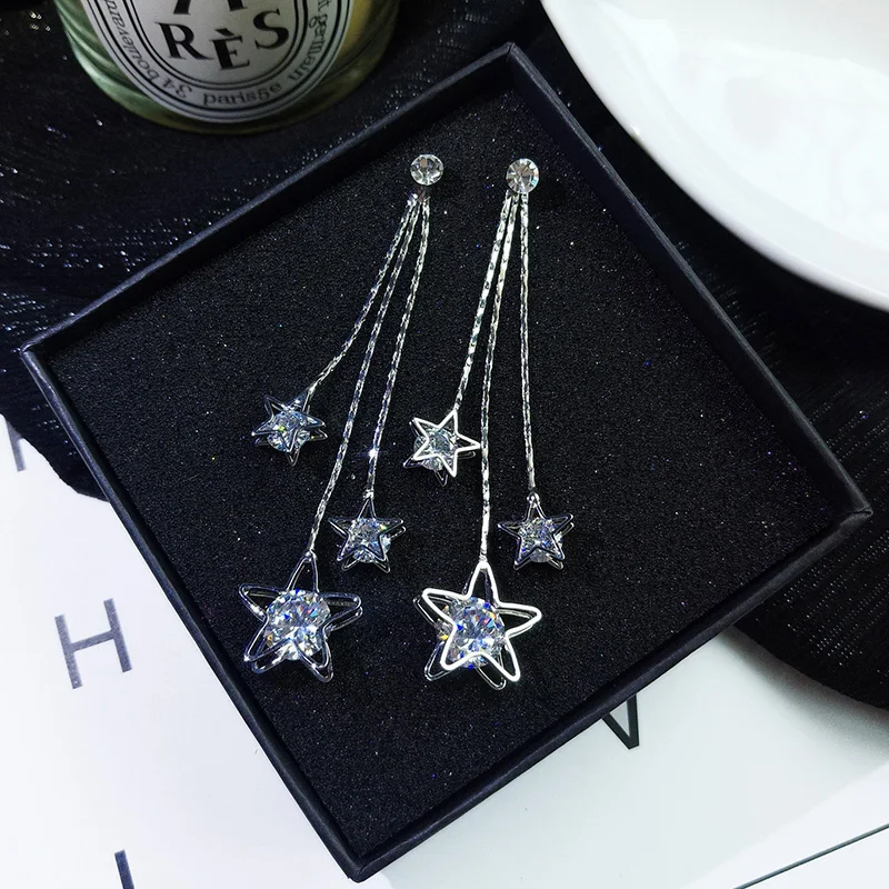 Stylish Gold Color /Silver Star Tassel Long Crystal Earrings Shiny Zircon Temperament Brincos Women Girl Jewelry Gift | Украшения и