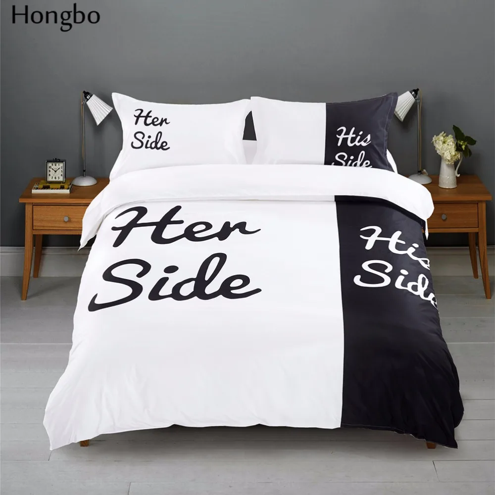 Постельное белье Hongbo черно белое с надписью Her Side His комплекты постельного белья