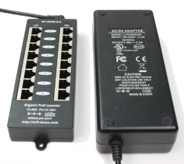 8 портов Gigabit Power over Ethernet PoE инжектор для 802.3af/пассивный 802.3at с 48v120w Источник питания: