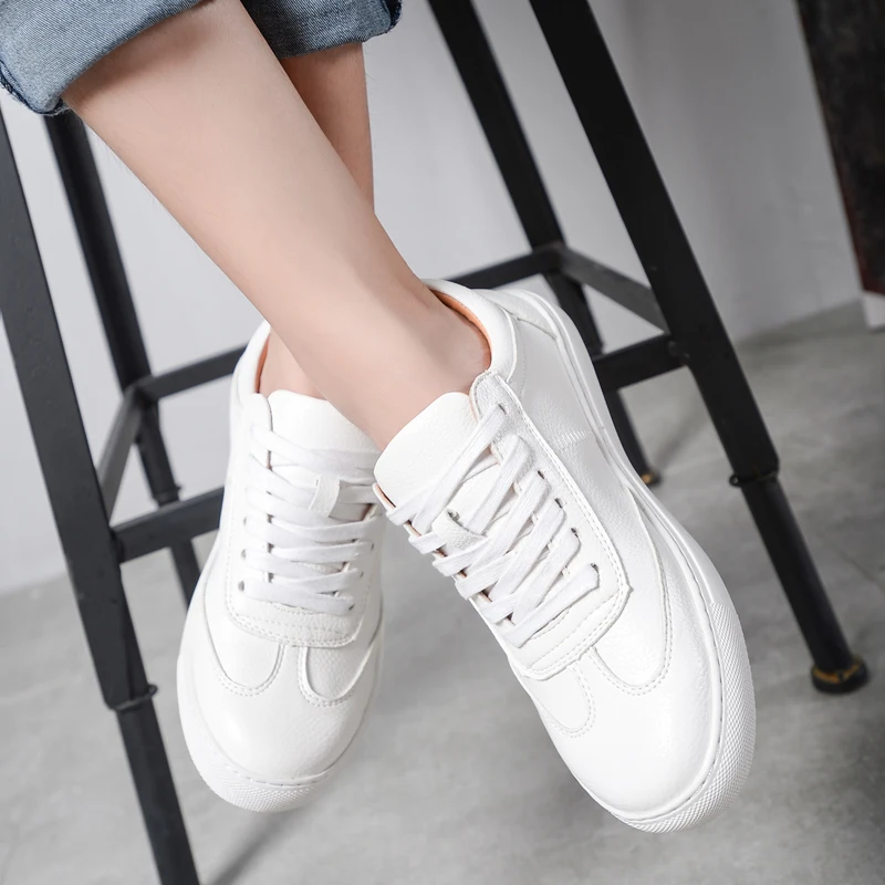Baimier Genuine Leather White Women Sneakers Spring Street Style Lace up Running Shoes Casual Comfortable Women Flat Shoes