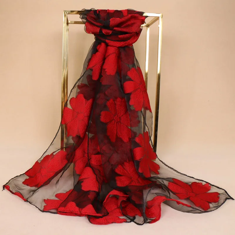

2017 Plain Embroidered Floral Chiffon Scarf Foulard Women Fashion Long Soft Lace Shawl Beach Wrap Neck Stole Echarpe Sjaal