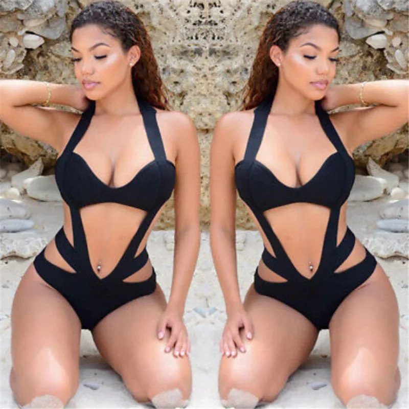 2017 сексуальный цельный купальник женский черный купальный костюм с вырезами