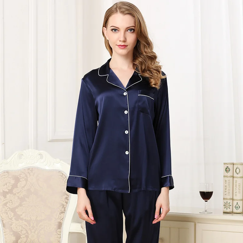 High-Grade Real Silk Women Pajamas Spring Autumn Sexy Satin Silk Long-Sleeve Pajama Pants Sets Comfortable Soft Lounge Set T8130