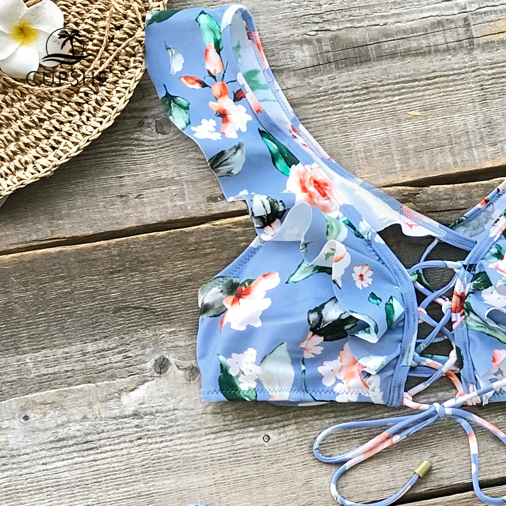 CUPSHE/синие цветочные гофрированные Реверсивные женские комплекты бикини милые