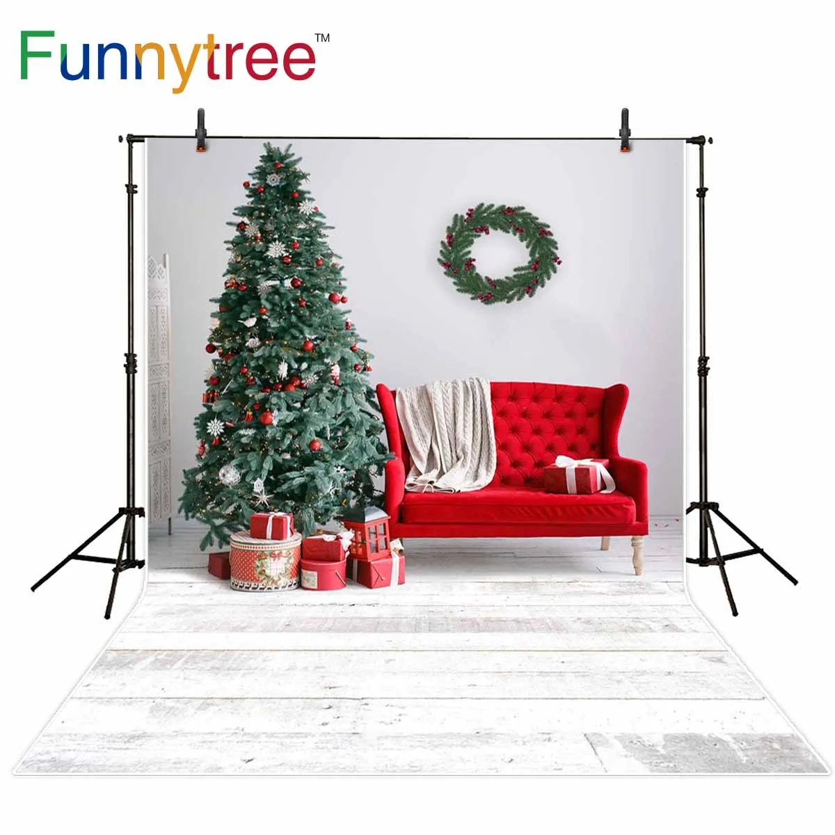 Фотофон Funnytree с рождественской елкой белый красный диван подарки деревянный пол