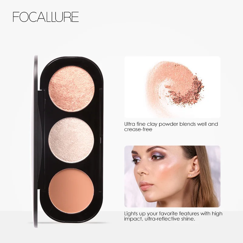 FOCALLURE, 3 цвета, хайлайтер, палитра, блеск, осветление, макияж для лица, пигментированная пудра, палитра для макияжа