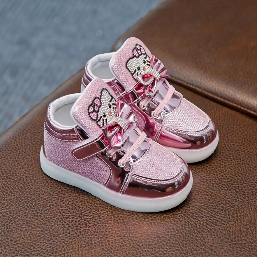 Бренд Новые детские туфли Новинка весны Hello Kitty со стразами обувь со светодиодной подсветкой для девочек принцессы Милая обувь с светильник EU 21-30
