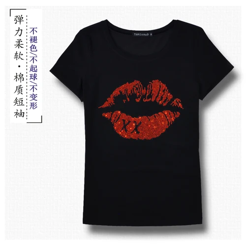 BlackXXRedLip Летняя женская футболка с изображением губ, с круглым вырезом, с коротким рукавом, с отделкой бисером, сексуальные футболки, повседневные Топы XXXL - Цвет: BlackXXRedLip