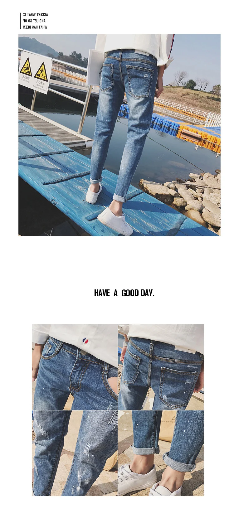 Высокое качество весенние рваные мужские рваные джинсы slim fit узкие брюки Джокер подростков эффект усов брюки длиной до щиколотки