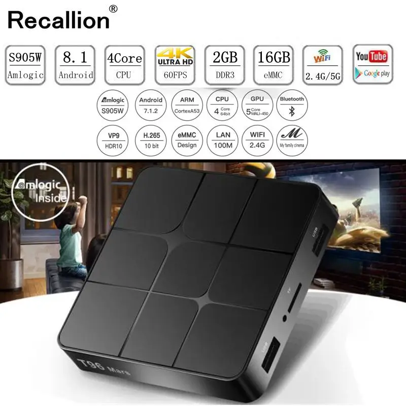 ТВ-приставка RECALLION T96mini Android T96MAX 8 1 Smart tv BOX 2 Гб 16 четырехъядерный процессор Amlogic S905W 4