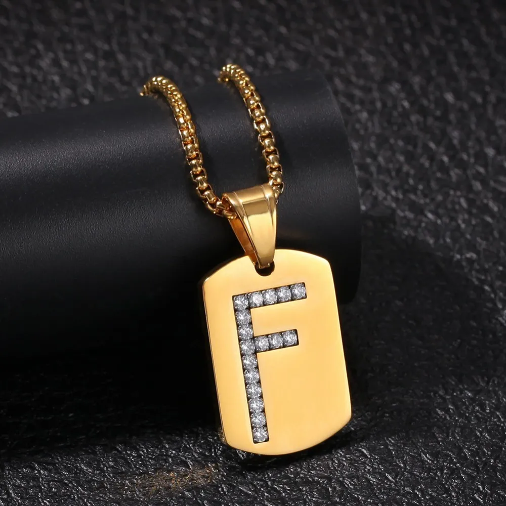 TBTK Gold Square Military Card Stainless Steel 26 Intial Letters Pendant Necklace Crystal Luxury Charm Jewelry Unisex Dog Tag | Украшения и