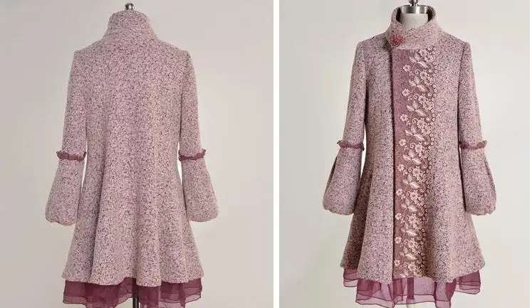 

autumn winter vintage women lantern sleeve long woolen coat Organza lace stitching wool blendscoat