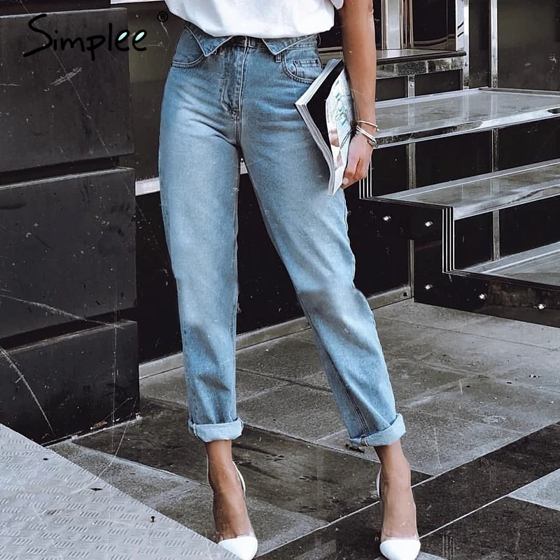 Simplee Fold-over waist blue jeans women pants Casual pocket denim harem Streetwear skinny autumn trousers 2019 |