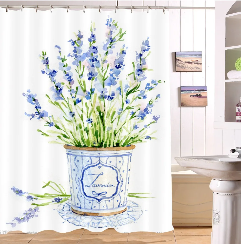 Водонепроницаемая белая занавеска для душа LB с акварелью и цветами лаванды|Шторы