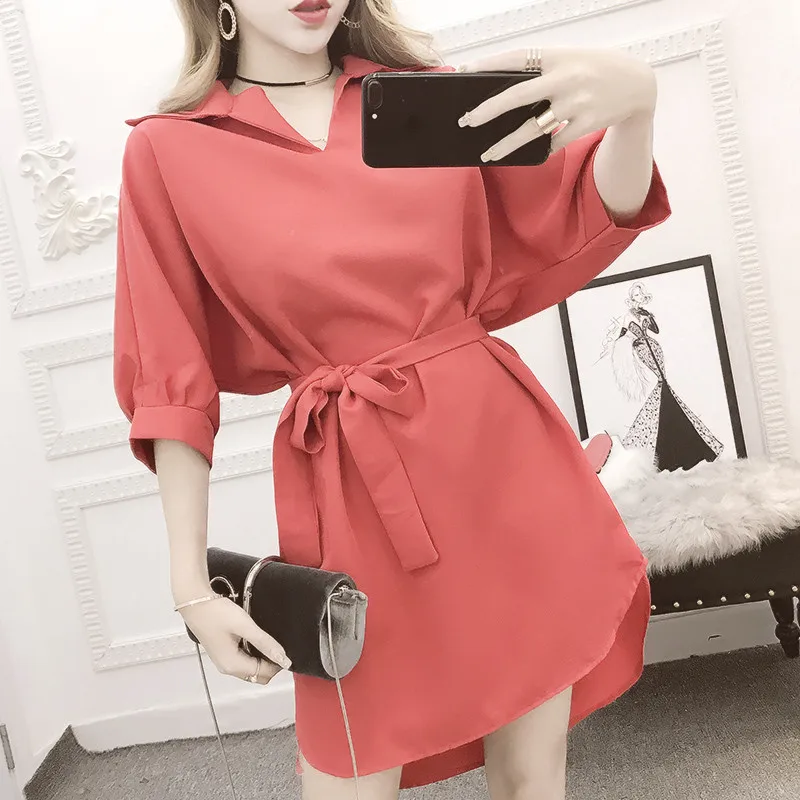 Женское шифоновое платье с коротким рукавом летучая мышь и отложным воротником |