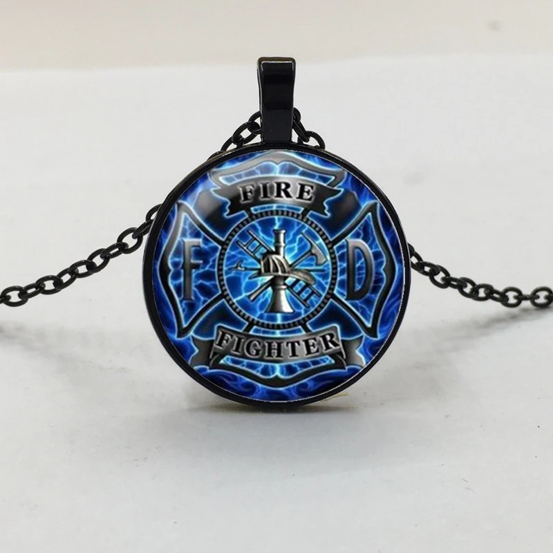 

1Pcs Firefighter Fire Fighter Glass Cabochon Tibet silver pendant chain necklace