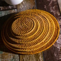 heat insulation cup mat round shape hand made dining room decor kitchen placemat natural rattan drink coasters table pad