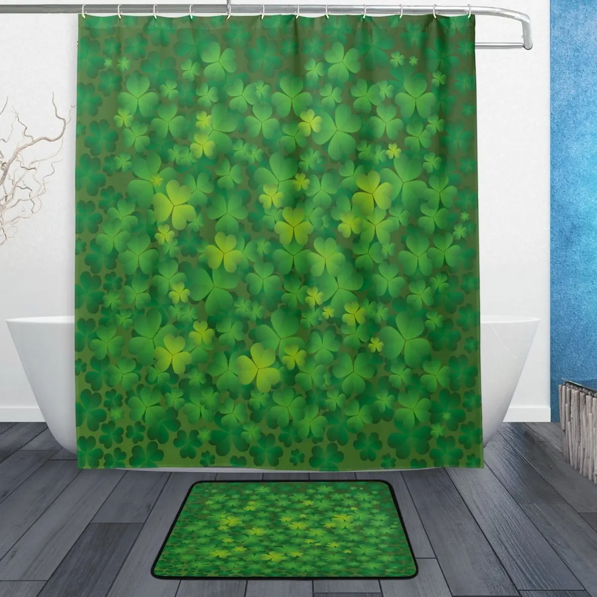 Happy St. Patrick's Day Shower Curtain and Mat Set Spring Leaves Shamrock Waterproof Fabric Bathroom | Дом и сад